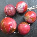 Set Of 5 Handmade Clay Round Beads Pink Silver..