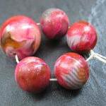 Set Of 5 Handmade Clay Round Beads Pink Silver..