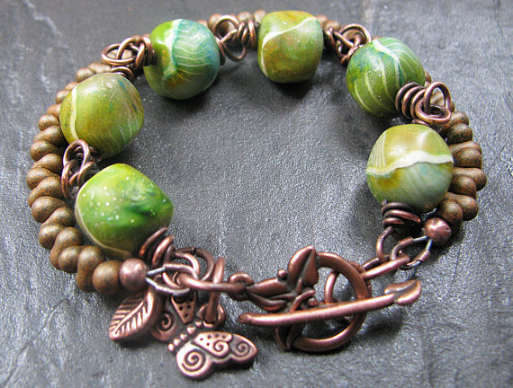 Handmade Copper Bracelet Beaded Mossy Rocks Clay Beads Butterfly & Leaf Charms