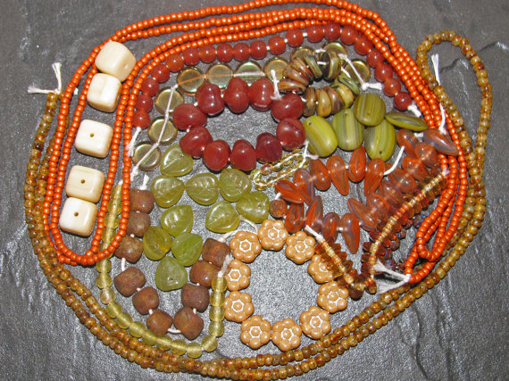 Orange & Olive Picasso Czech Glass Beads And Toho Seed Collection