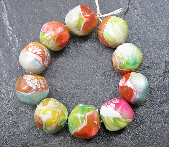 Set Of 10 Handmade Clay Nugget Beads Pink Green Blue Yellow Silver White Faux Glass Gemstone