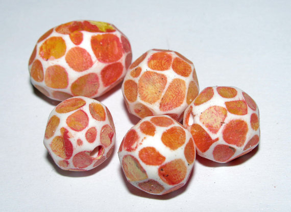 Set Of 5 Polymer Clay Distressed Facteded Beads Orange Yellow Including Focal