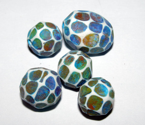 Set Of 5 Polymer Clay Distressed Facteded Beads Monet Waterlillies Red Orange Yellow Green Blue