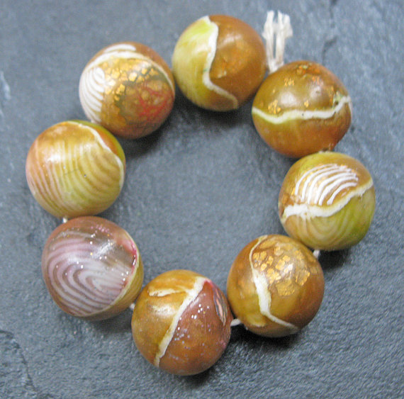Set Of 8 Handmade Clay Round Beads Chestnut Gold Olive Faux Gemstone